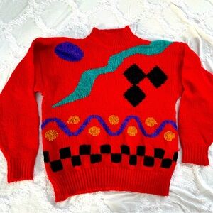 80s Red Sweater w/ Geometric shapes size Medium